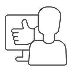 Fototapete - Man and monitor with thumb up hand thin line icon, neural dataset concept. Vector graphics. User positive feedback data sign on white background, outline style icon for mobile or web design.
