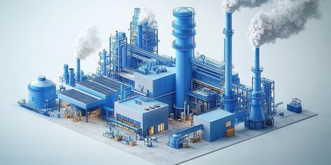 Poster - Industrial blue manufacturing facility with smokestacks and solar panels in a modern setting