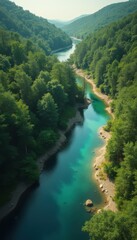 Poster - Aerial Vista of a Serene River Valley Amidst Lush Green Forest - A Breathtaking Natural Landscape