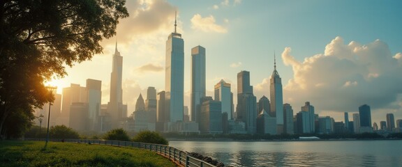 Poster - Skyline of a Large Metropolitan City at Sunset with Towering Buildings and Calm Water Reflection