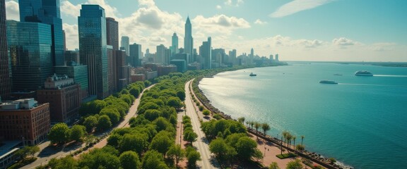 Poster - Aerial view of a bustling city skyline next to tranquil waterfront, with lush green trees lining the avenue