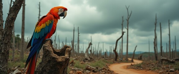 Aufkleber - Scarlet Macaw Perched on a Stump in a Deforested Landscape under Overcast Sky - Wildlife and Environmental Theme