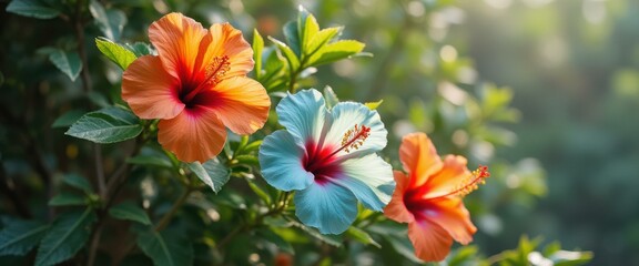 Poster - Three Vibrant Hibiscus Flowers in Full Bloom Displaying Vivid Orange and Light Blue Colors Against a Lush Green Background