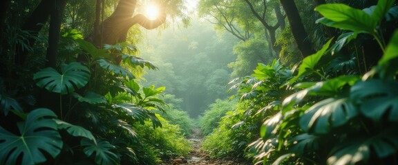 Poster - Lush tropical jungle path bathed in sunlight, vibrant green foliage, serene nature scene, natural beauty, tranquil, inviting, perf