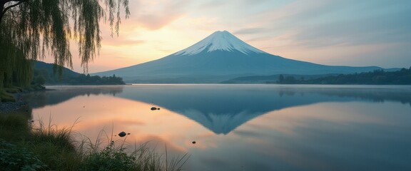 Poster - Serene mountain reflecting in tranquil lake at dawn, with willow tree, rocks, and soft sunrise colors.