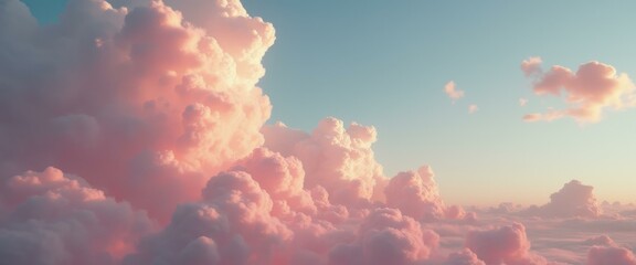 Poster - Serene Sky View: Fluffy Pink Clouds Drifting in a Tranquil Blue Sky at Sunset