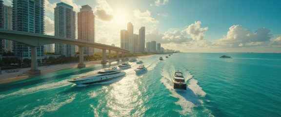 Poster - Modern Metropolis Coastline with Luxury Yachts Navigating Turquoise Waters under a Coastal Bridge, Bathed in Warm Sunlight