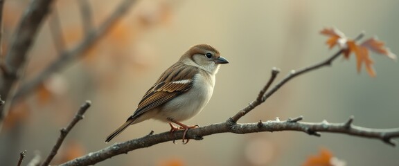 Aufkleber - Alert sparrow perched on a twig in a gentle autumn setting, displaying tranquility and the beauty of nature.