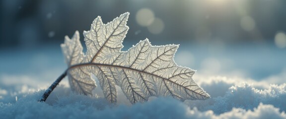Poster - Frozen Leaf on Snowy Ground in Winter Sunlight