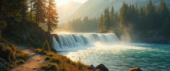 Poster - Majestic waterfall in mountain forest landscape with turquoise river and lush greenery, illuminated by golden sunlight