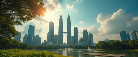 Aufkleber - Scenic Cityscape View with Twin Towers Reflecting in Lake under Bright Sky, Park and Lush Greenery in Urban Landscape