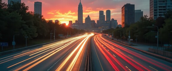 Poster - Time-lapse Photography of a Multi-Lane Highway Leading to a Cityscape at Sunset