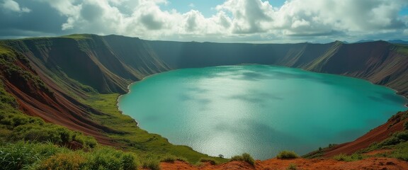 Poster - Volcanic Crater Lake with Green, Red Slopes and Dramatic Sky