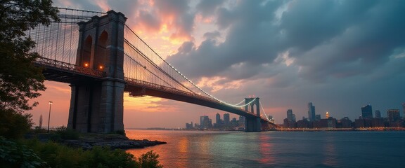 Poster - Suspension bridge spans the body of water at sunset, with cityscape in the background creating a serene scenery