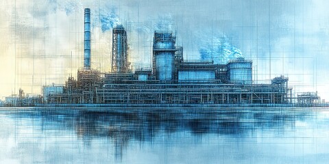 Poster - Power plant illustration near water reflecting industrial structures under a clear blue sky