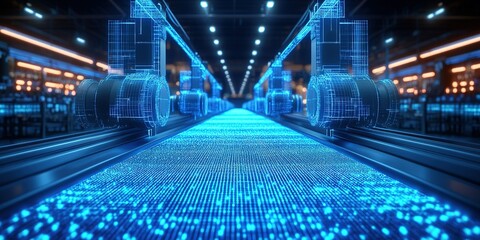 Poster - Futuristic conveyor belt technology in a high-tech production facility illuminated at night