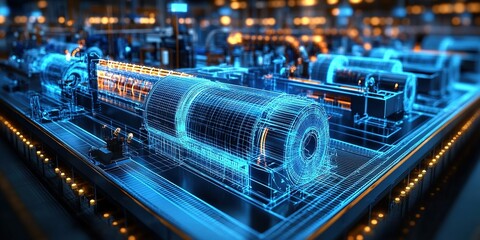 Poster - Industrial facility showcasing advanced technology and machinery in blueprints during nighttime operations