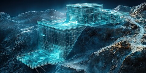 Poster - Building headquarters modeled in 3D wireframe design situated on mountainous terrain at dusk