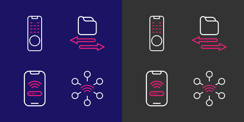 Poster - Set line Network, Mobile with wi-fi wireless, Transfer files and Remote control icon. Vector