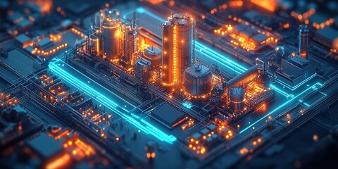 Poster - Industrial facility illuminated at night showing intricate pipelines and glowing structures