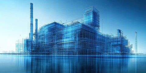 Poster - Modern industrial facility with blue steel framework along the waterfront at dusk