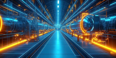 Poster - Hallway of futuristic technology featuring glowing blue and orange elements in a high-tech environment
