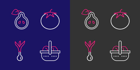 Poster - Set line Basket and food, Onion, Tomato and Pear icon. Vector