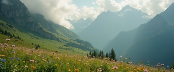 Aufkleber - Serene Alpine Meadow with Vibrant Wildflowers and Mist-Shrouded Mountain Peaks in the Distance