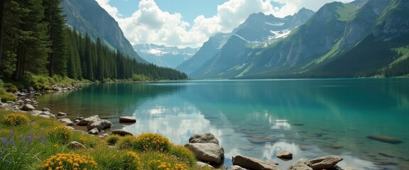 Poster - Scenic mountain lake landscape with turquoise water, reflecting sky and clouds, surrounded by forest and wildflowers