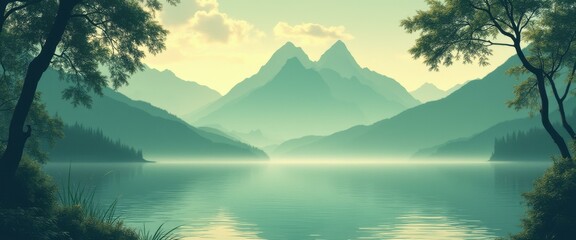 Poster - Misty Lake Landscape with Layered Mountains and Lush Trees in a Tranquil Teal and Yellow Color Palette
