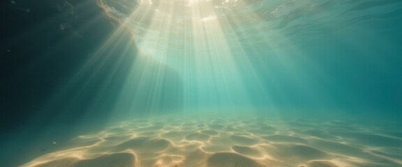 Poster - Sun rays shining underwater on sandy seabed creating ethereal and dreamy effect