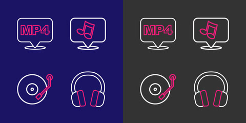 Poster - set line headphones, vinyl player, music note, tone and mp4 file document icon. vector