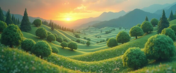 Aufkleber - A serene landscape of rolling green hills with scattered trees under a warm, golden sunset, creating a peaceful, picturesque scene.