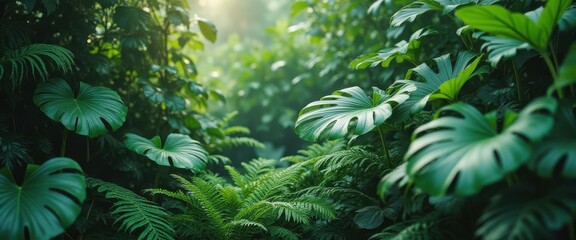Poster - Lush Tropical Rainforest Canopy with Ferns and Monstera Plants Illuminated by Sunlight