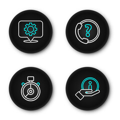 Poster - Set line Information, Stopwatch, Telephone 24 hours support and Location with gear icon. Vector