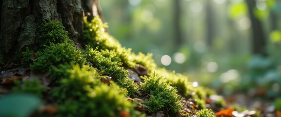 Poster - Sunlit Moss Clinging to Tree Trunk in Lush Forest, Vibrant Greenery and Bokeh Highlights creating a Tranquil Nature Scene