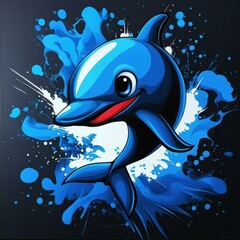Poster - Joyful Blue Dolphin Cartoon Character Swimming in a Splash of Water Against a Dark Background