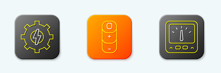 Poster - Set line Gear and lightning, Battery charge and Ampere meter, multimeter icon. Vector