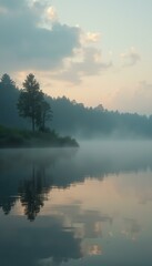Poster - Tranquil lake scene at dawn with mist rising over water, reflecting sky and trees, creating a peaceful, ethereal atmosphere.