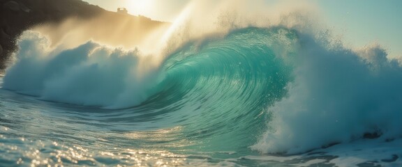 Aufkleber - Powerful ocean wave crests and curls into a mesmerizing barrel against a sunlit shore, showcasing nature's raw beauty
