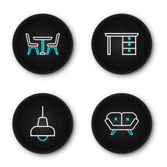 Poster - set line sofa, lamp hanging, office desk and table with chair icon. vector