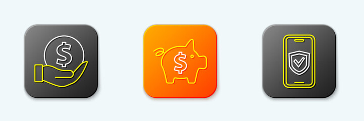 Poster - set line money with shield, piggy bank and insurance online icon. vector