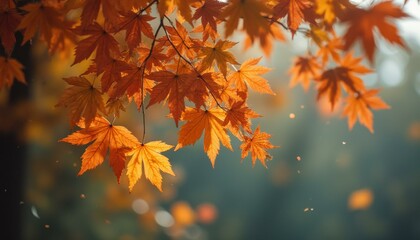 Poster - Autumnal Cascade: Orange Maple Leaves in Soft Sunlight