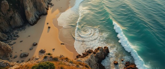 Aufkleber - Aerial view of a scenic coastline with golden sand, turquoise ocean waves, and rugged cliffs creating a serene seascape