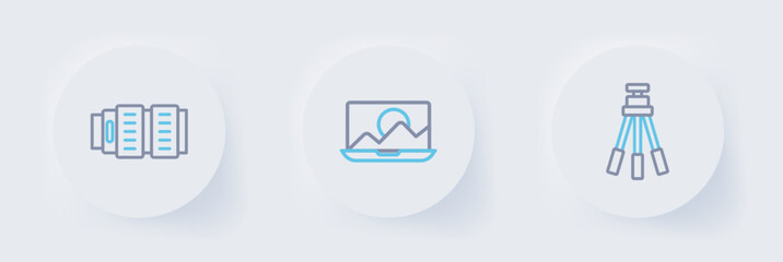 Poster - Set line Tripod, Photo retouching and Camera photo lens icon. Vector