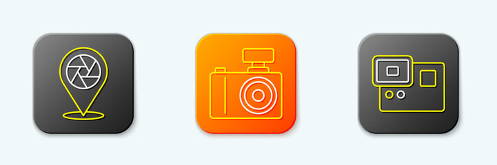 Poster - Set line Camera shutter, Photo camera and Action extreme icon. Vector