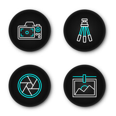 Poster - Set line Photo frame, Camera shutter, Tripod and camera icon. Vector