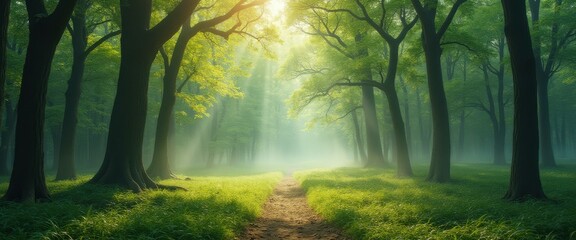 Poster - Serene Forest Path: Sunlit Verdant Woodland with Fog, Tranquil Pathway and Towering Trees
