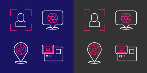 Poster - set line action extreme camera, camera shutter, and focus frame line icon. vector