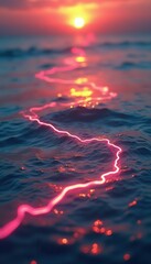 Fototapete - Ocean Waves Reflecting a Fiery Sunset with a Glowing, Electric-Pink Pathway Across the Water's Surface